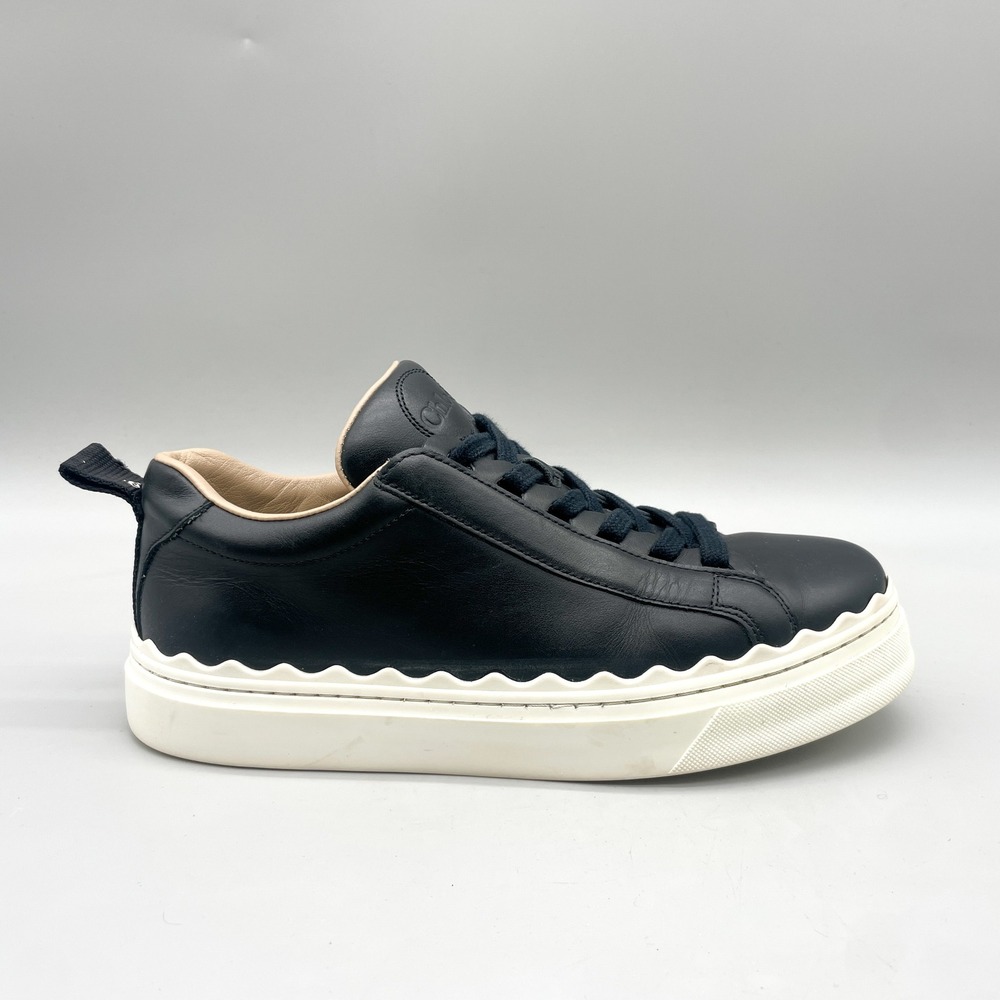 Chloe Womens 37 Lauren Platform Sneakers Black Leather Minimalist NO INSOLES